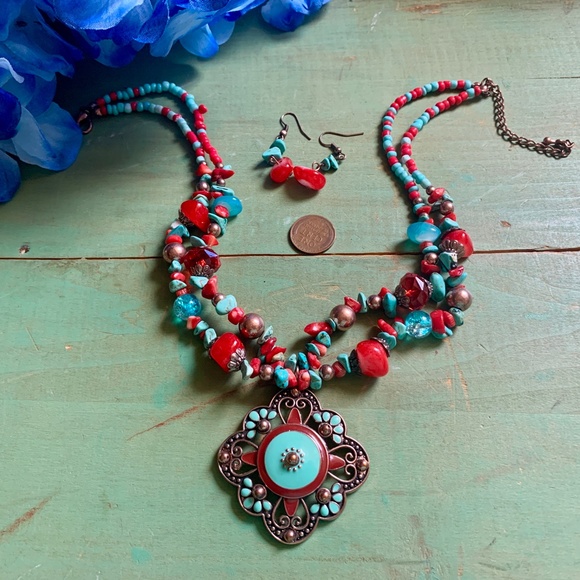 Gem & Enamel Pendant Necklace & Earring Set - Festival Wear Hippie - Boho Set - Picture 14 of 14